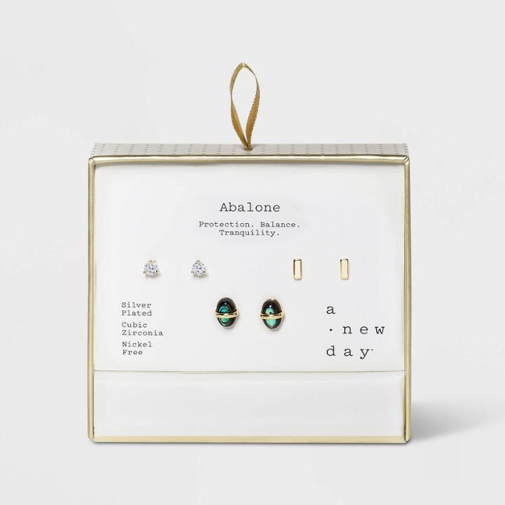 Silver Plated Oval Abalone And Cubic Zirconia Bar Earring Trio Set - A New Day