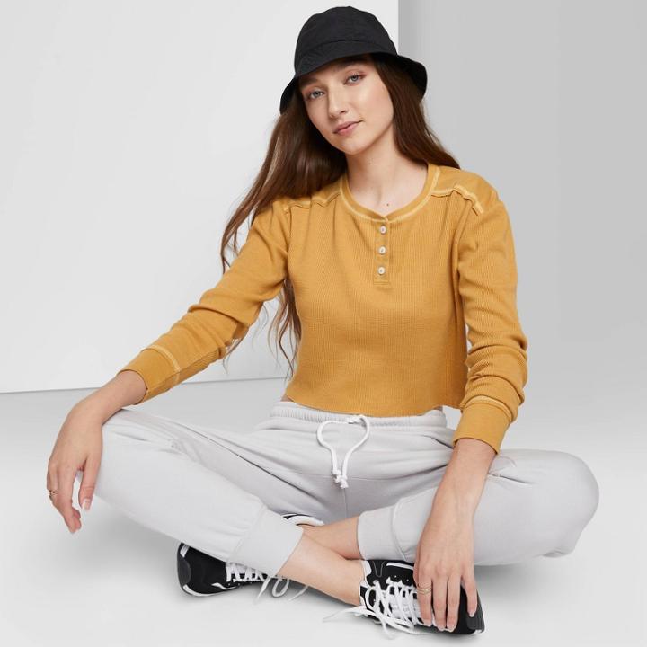 Women's Long Sleeve Boxy Waffle Henley T-shirt - Wild Fable Mustard Yellow