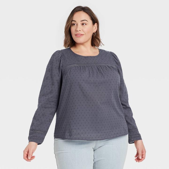 Women's Plus Size Puff Long Sleeve Eyelet Top - Universal Thread Gray