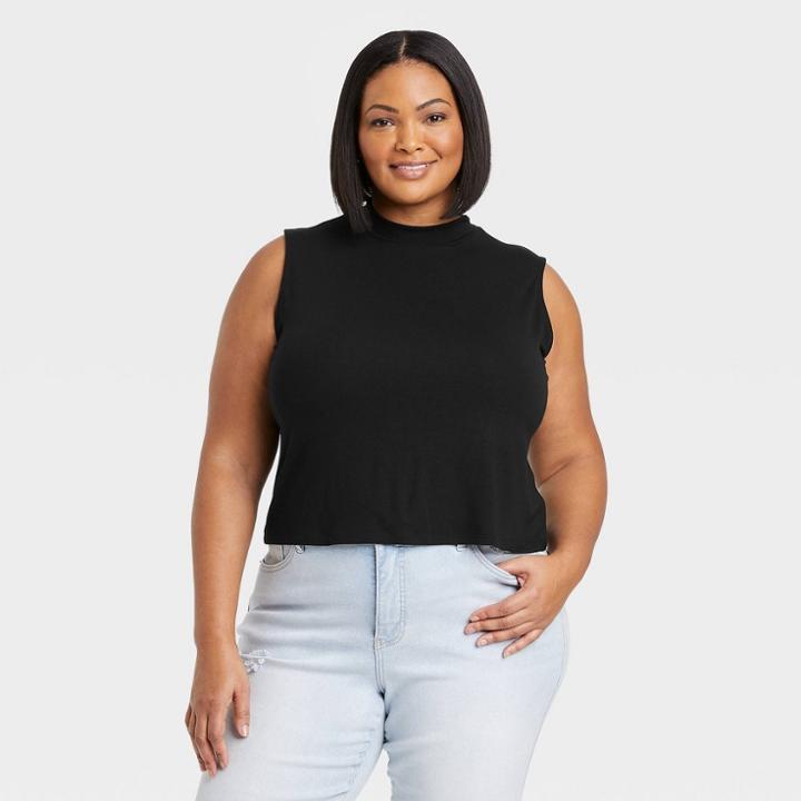 Women's Plus Size Slim Fit Ruched Side-tie Mock Turtleneck Jersey Crop Top - Ava & Viv Black