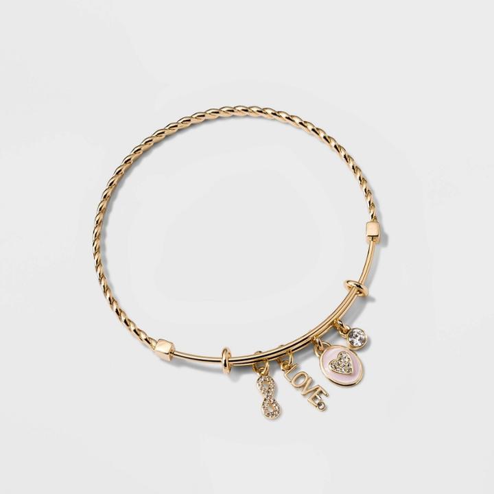 No Brand Silver Plated 'love' Pink Enamel Cubic Zirconia Heart Charm Twist Bangle Bracelet - Gold
