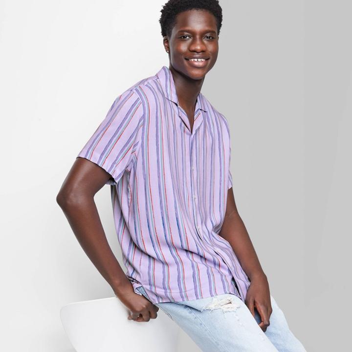 Adult Striped Casual Fit Short Sleeve Button-down Shirt - Original Use Purple/stripe