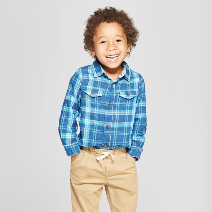 Toddler Boys' Long Sleeve Plaid Button-down Shirt - Cat & Jack Teal