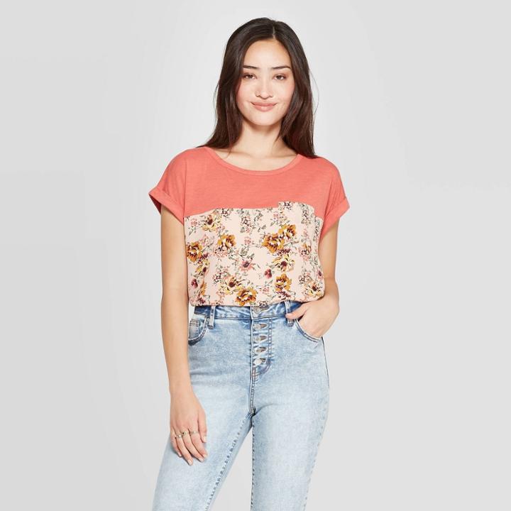 Women's Floral Print Short Sleeve Round Neck Top - Xhilaration Blush
