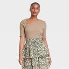 Women's Elbow Sleeve Asymmetrical Neck T-shirt - Who What Wear Brown