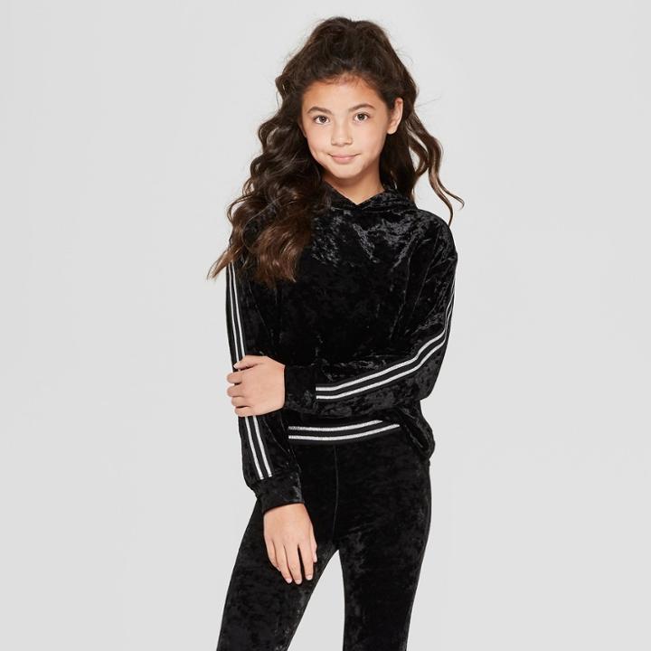 Girls' Velvet Long Sleeve Hoodie - Art Class Black