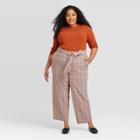 Women's Plus Size Plaid Tie Waist Straight Pants - A New Day Brown