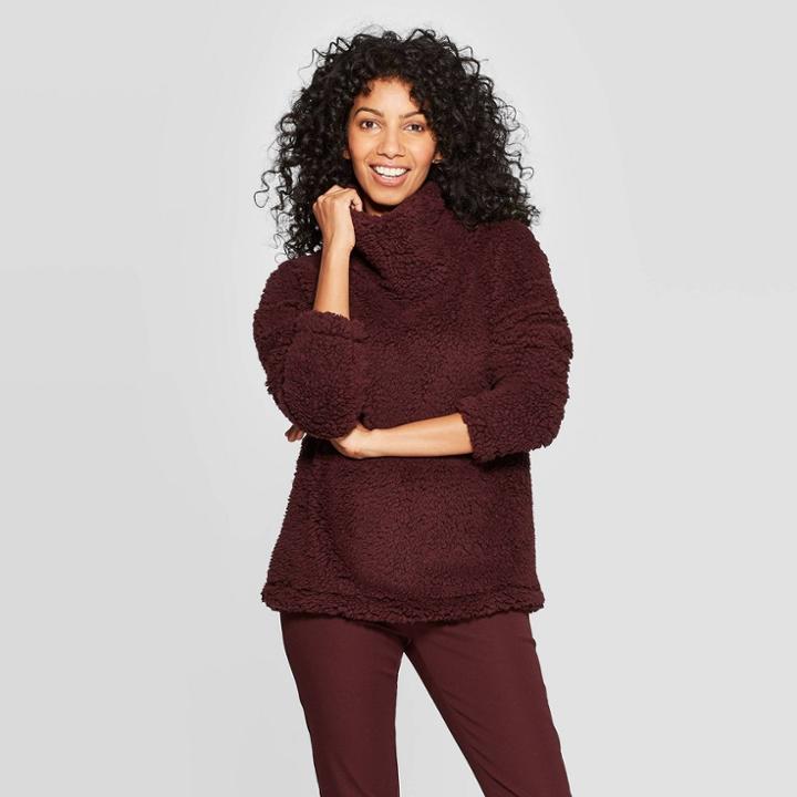 Women's Any Day Long Sleeve Turtleneck Sherpa Pullover - A New Day Burgundy