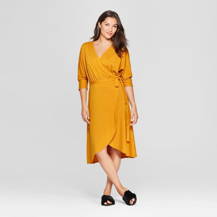 Women's Knit Wrap Midi Dress - A New Day Yellow