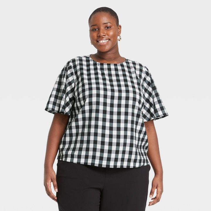 Women's Plus Size Gingham Check Flutter Short Sleeve Top - A New Day Black/white