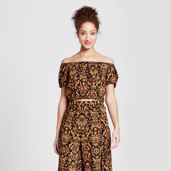 Women's Floral Print Short Sleeve Crop Top - Xhilaration Black