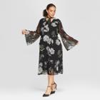Women's Plus Size Floral Print Long Sleeve Tie Neck Midi Dress - Who What Wear Black/green