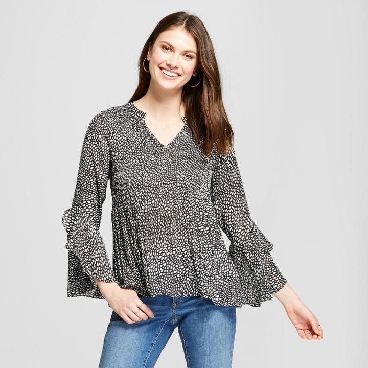 Women's Polka Dot All Over Pleated Tulip Sleeve Blouse - Spenser Jeremy Black/white Xl, White Black