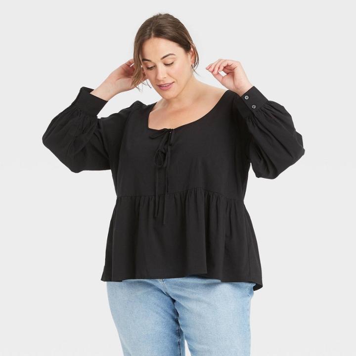 Women's Plus Size Long Sleeve U-neck Tie-front Babydoll Blouse - Ava & Viv Black