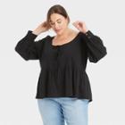 Women's Plus Size Long Sleeve U-neck Tie-front Babydoll Blouse - Ava & Viv Black