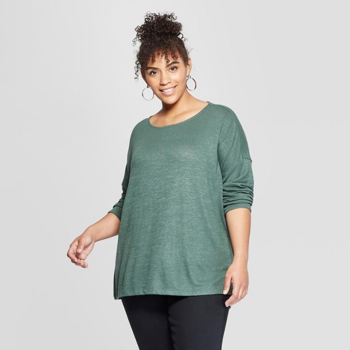 Women's Plus Size Asymmetric Long Sleeve Knit Top - Ava & Viv Green