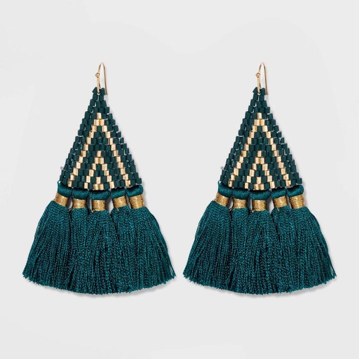 Triangle Tassel And Seedbead Earrings - A New Day Teal, Women's, Blue