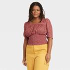 Women's Plus Size Puff Elbow Sleeve Smocked Fitted Blouse - Universal Thread Burgundy Floral