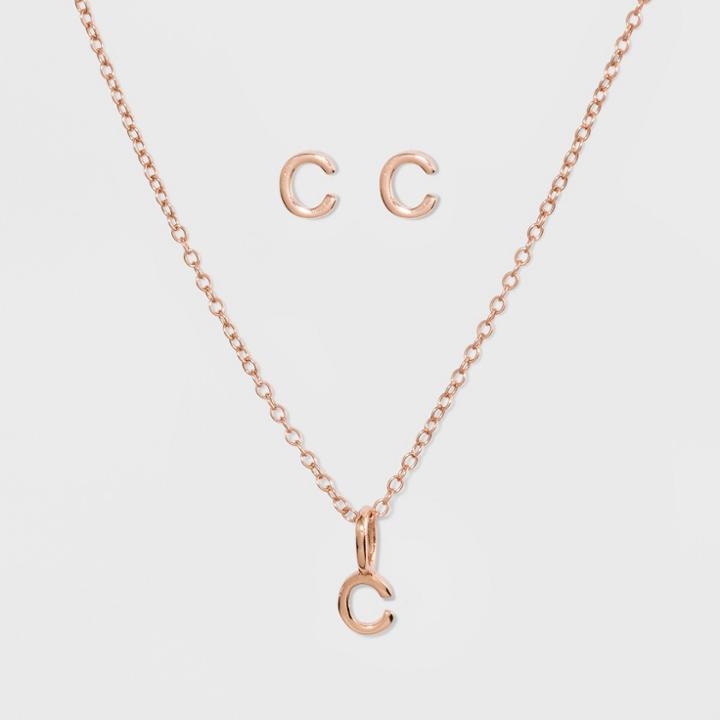 Sterling Silver Initial C Earrings And Necklace Set - A New Day Gold, Girl's, Gold - C