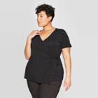 Women's Plus Size Short Sleeve V-neck Knit Wrap Top - Ava & Viv Black