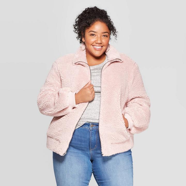 Women's Plus Size Long Sleeve Bomber Jacket - Ava & Viv Pink