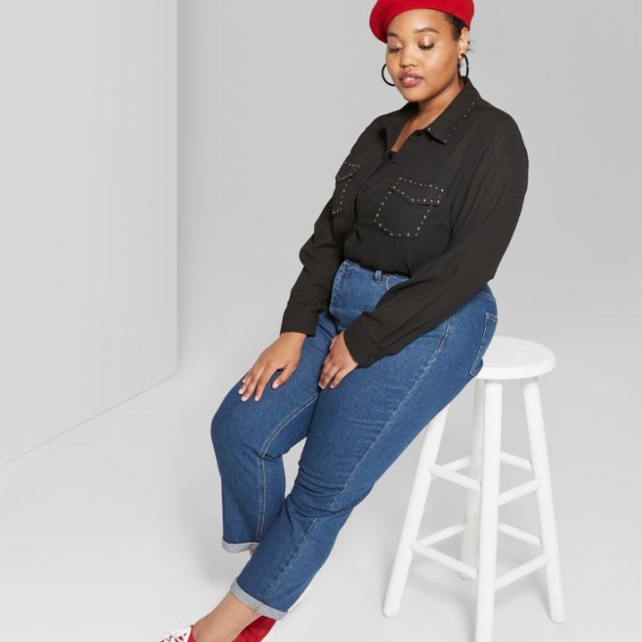 Women's Plus Size Long Sleeve Button-down - Wild Fable Black