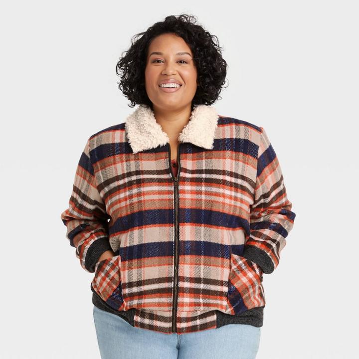 Women's Plus Size Zip-front Sherpa Jacket - Knox Rose Navy Plaid