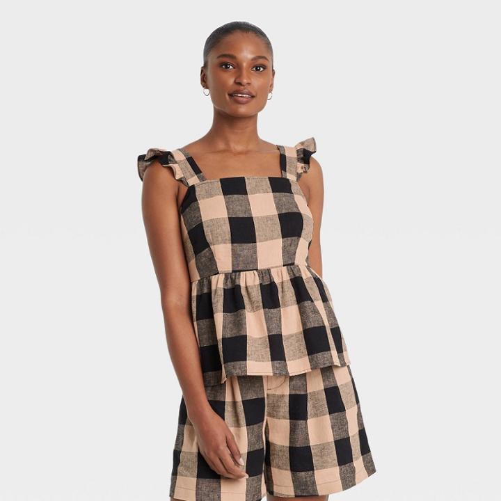Women's Ruffle Short Sleeve Tank Top - Who What Wear Black Checker