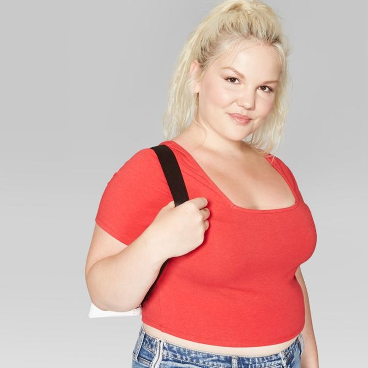 Women's Plus Size Short Sleeve Square Neck Cropped Top - Wild Fable Berry (pink)