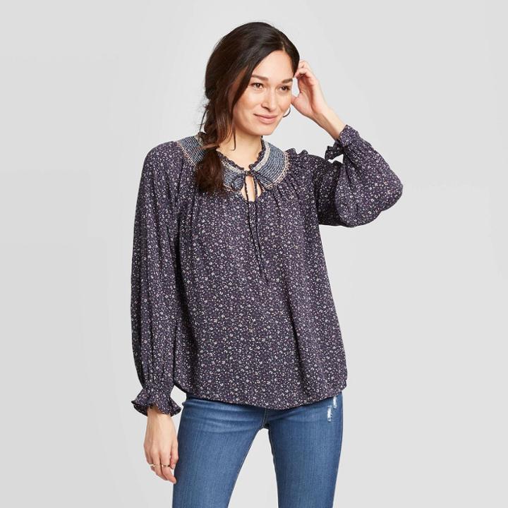 Women's Floral Print Bishop Long Sleeve Keyhole Neck Blouse - Knox Rose Navy Xs, Women's, Blue