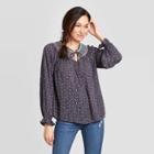 Women's Floral Print Bishop Long Sleeve Keyhole Neck Blouse - Knox Rose Navy Xs, Women's, Blue