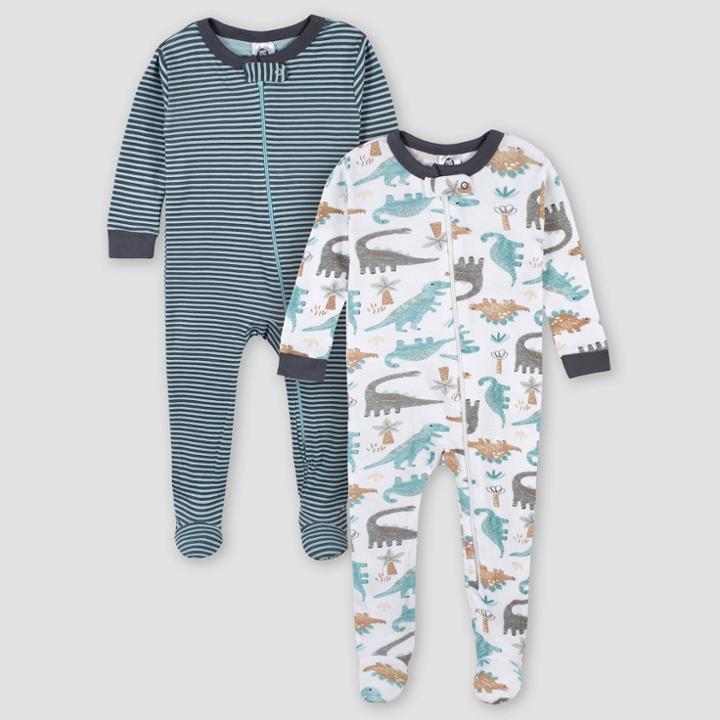 Gerber Baby Boys' 2pk Dinosaur Snug Fit Footed Pajama - White/blue