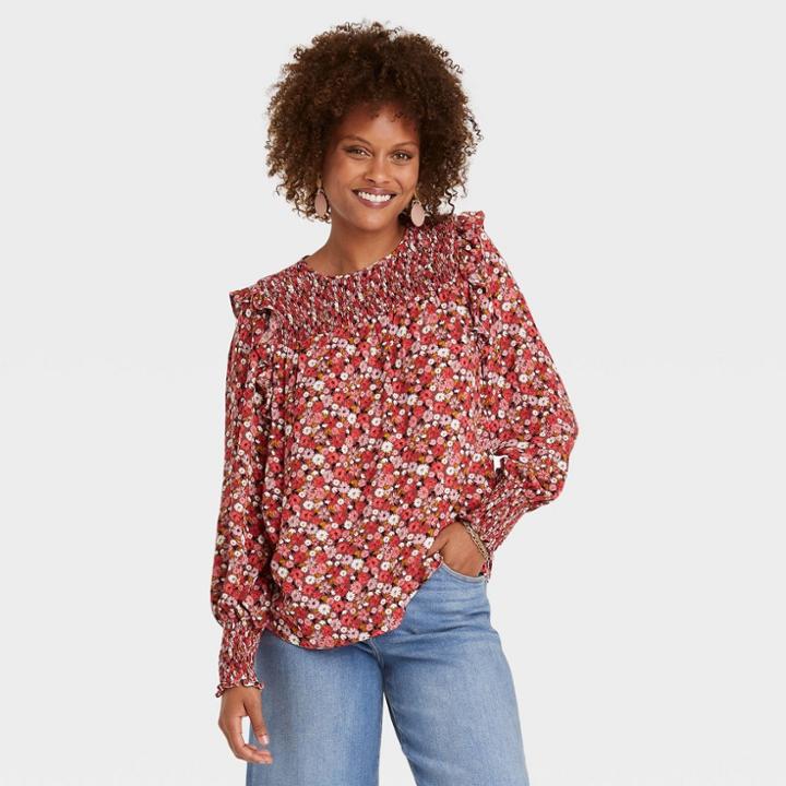 Women's Ruffle Long Sleeve Smocked Blouse - Knox Rose Red Jacquard