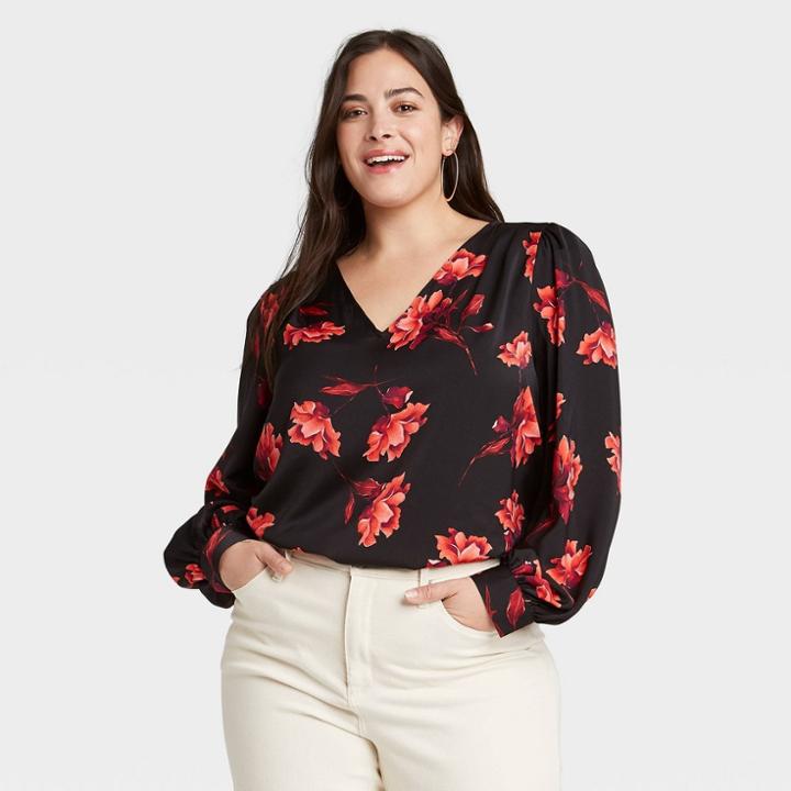 Women's Plus Size Floral Print Long Sleeve V-neck Blouse - Ava & Viv Black X