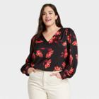 Women's Plus Size Floral Print Long Sleeve V-neck Blouse - Ava & Viv Black X