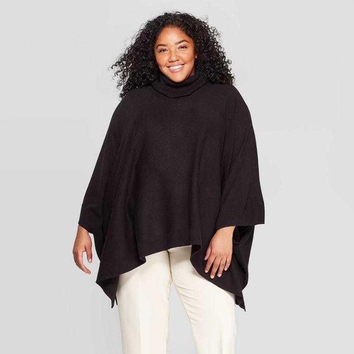 Women's Plus Turtleneck Pullover Poncho Wrap Jacket - A New Day Black One Size, Women's, Size:
