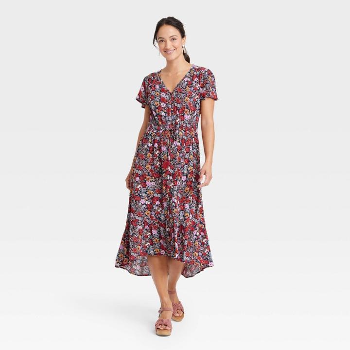 Women's Flutter Short Sleeve Smocked Detail Dress - Knox Rose Navy Floral