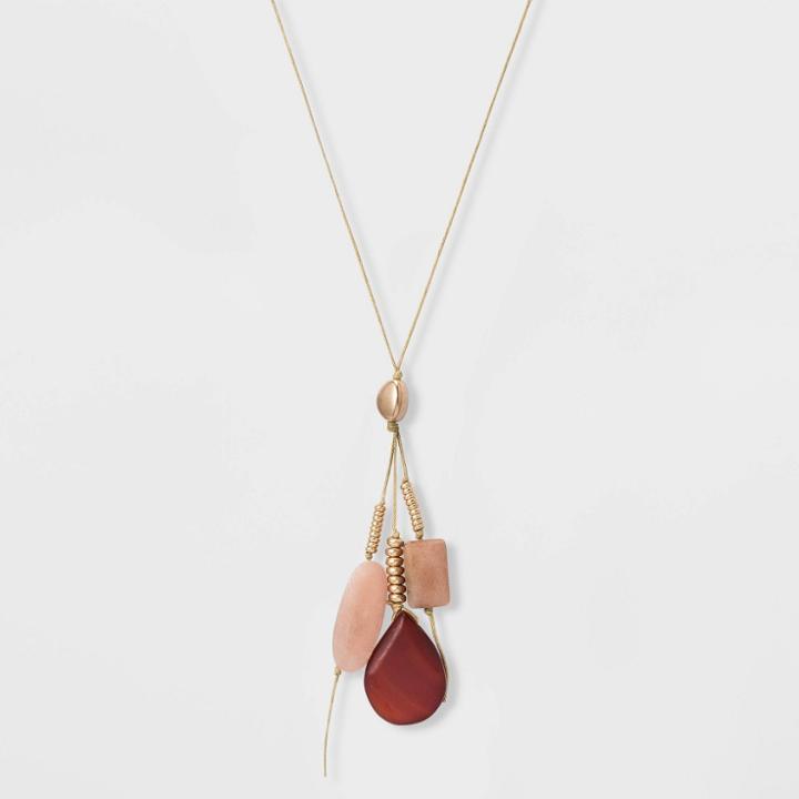Adjustable Cord And Semi-precious Sunstone And Peach Quartz Cluster Pendant Necklace - Universal Thread Blush Peach, Women's, Blush Pink