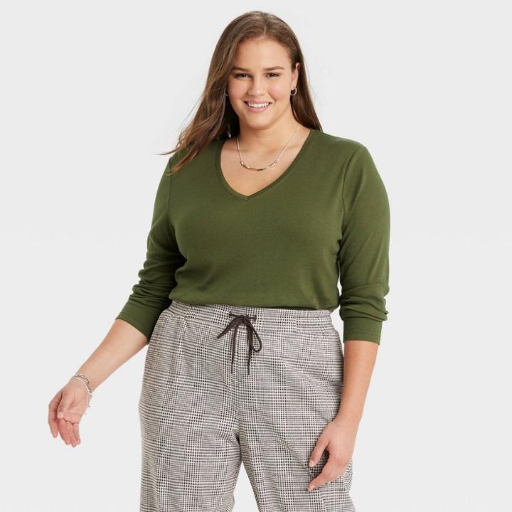 Women's Plus Size Long Sleeve V-neck Rib T-shirt - A New Day Green