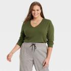 Women's Plus Size Long Sleeve V-neck Rib T-shirt - A New Day Green