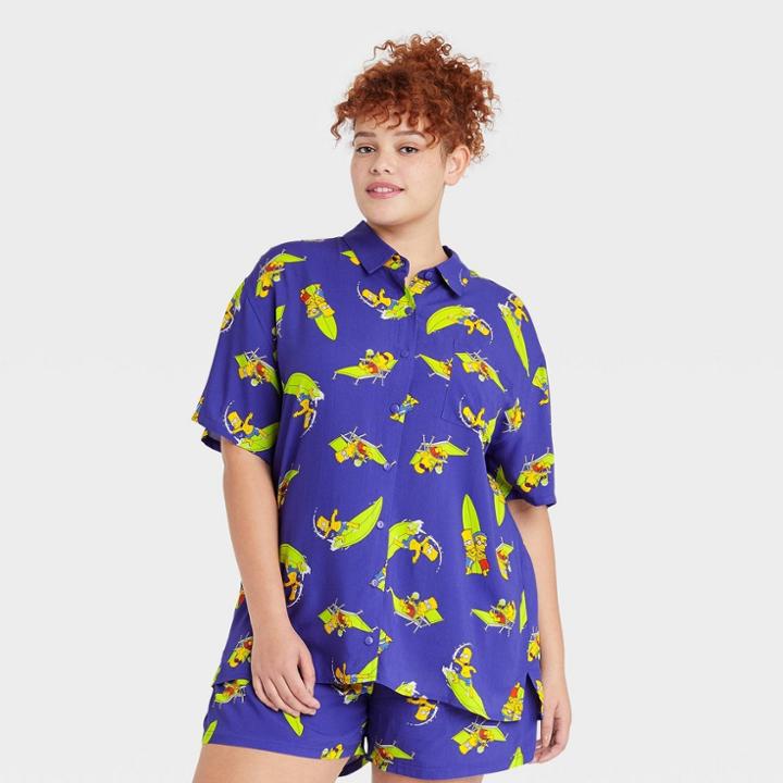 The Simpsons Women's Bart Simpson Plus Size Vacation Mode Souvenir Short Sleeve Button-down Graphic T-shirt - Blue