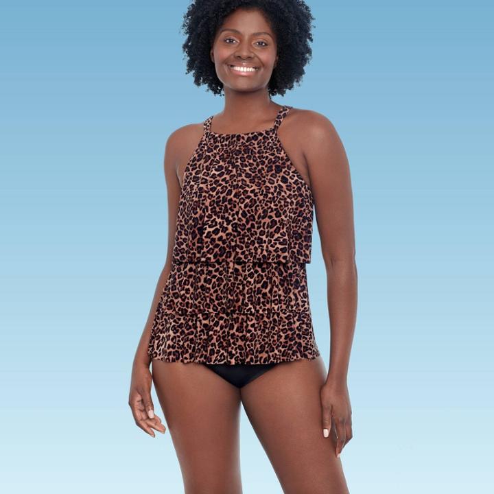 Women's Slimming Control Keyhole Tiered High Neck Tankini Top - Dreamsuit By Miracle Brands Brown