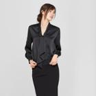 Women's Long Sleeve Silky Tie Front Blouse - Prologue Black