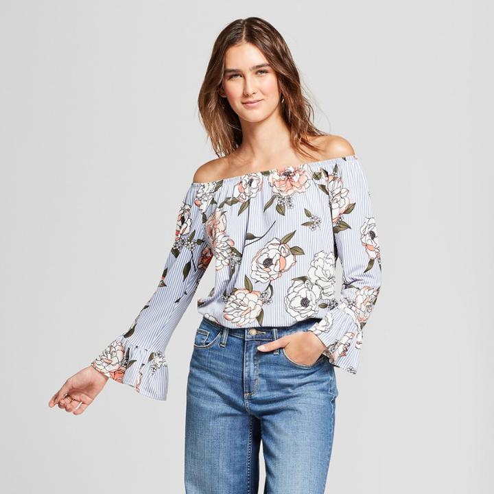Women's Floral Print Long Sleeve Off The Shoulder Swing Top - Alison Andrews Blue