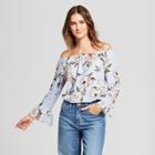 Women's Floral Print Long Sleeve Off The Shoulder Swing Top - Alison Andrews Blue