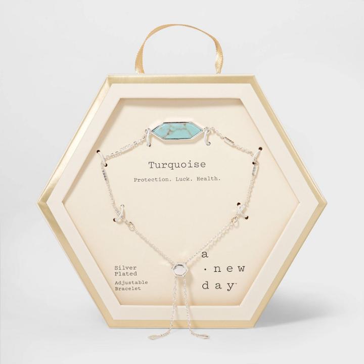 Boxed Hexagon With Turquoise Semi-precious Stone Bolo Bracelet - A New Day Blue, Women's