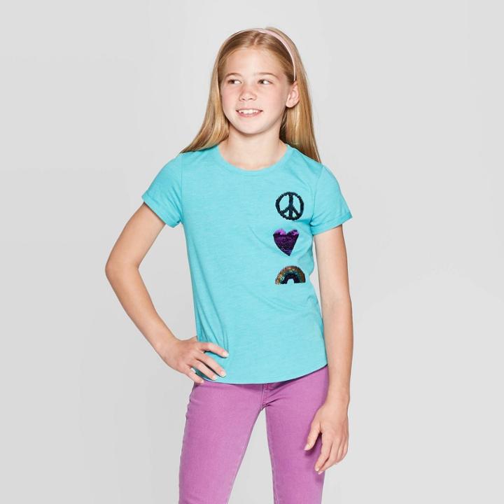 Girls' Short Sleeve Flip Sequin Peace T-shirt - Cat & Jack Turquoise