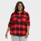 Women's Plus Size Long Sleeve Button-down Flannel Tunic Shirt - Ava & Viv Dark Red Plaid X