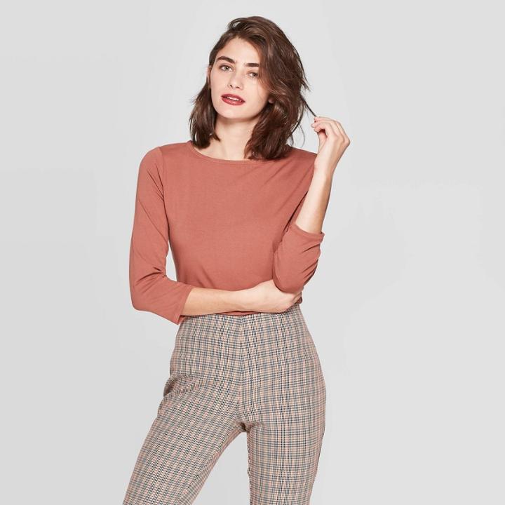 Women's Regular Fit Long Sleeve Boat Neck T-shirt - A New Day Brown