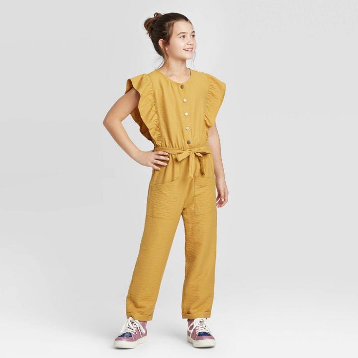 Girls' Tie Waist Button Front Jumpsuit - Art Class Yellow